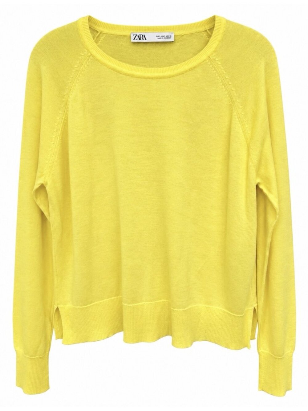 ZARA Womens Crew Neck Jumper Sweater Small Yellow Viscose Lightweight Stretch